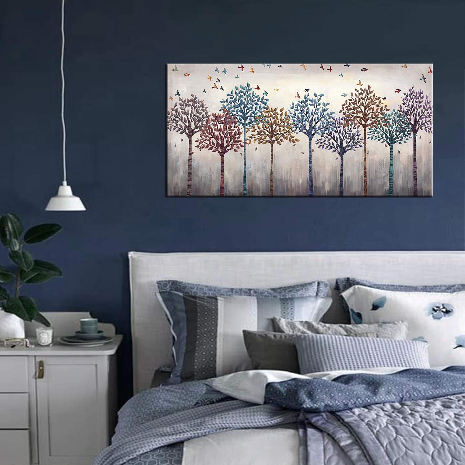 iHAPPYWALL Large Abstract Tree And Birds Canvas Wall Art Flying Birds over Colorful Forest Picture Print on Canvas Stretched and Framed For Living Room Bedroom Office Decor 24x48inch