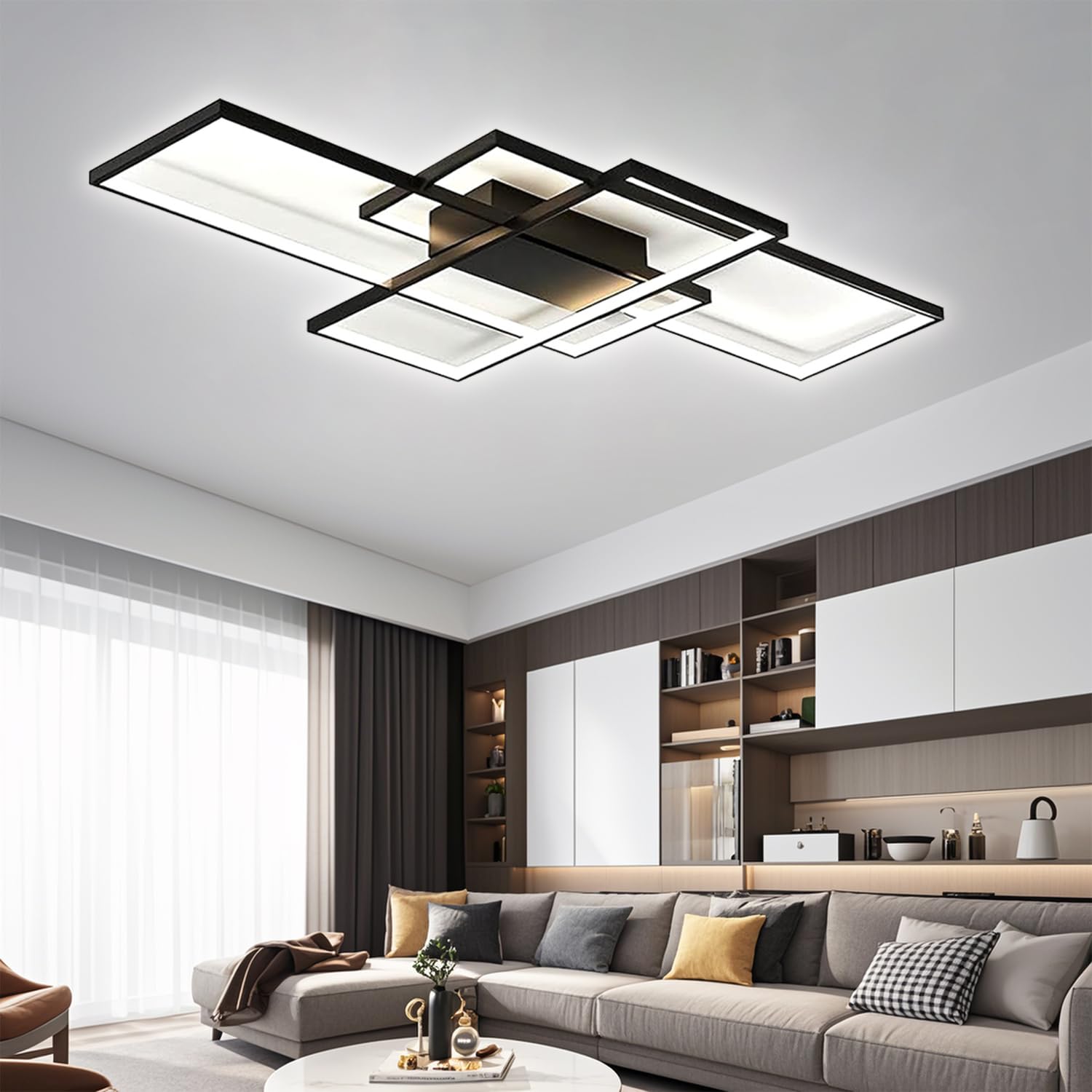 TYJY LED Deckenleuchte 60W Dimmbar Deckenlampe Wohnzimmer, Moderne Rechteckige Wohnzimmerlampe mit Fernbedienung, 3000K-6000K, Deckenbeleuchtung Lampe für Schlafzimmer Wohnzimmer (80cm, Schwarz)
