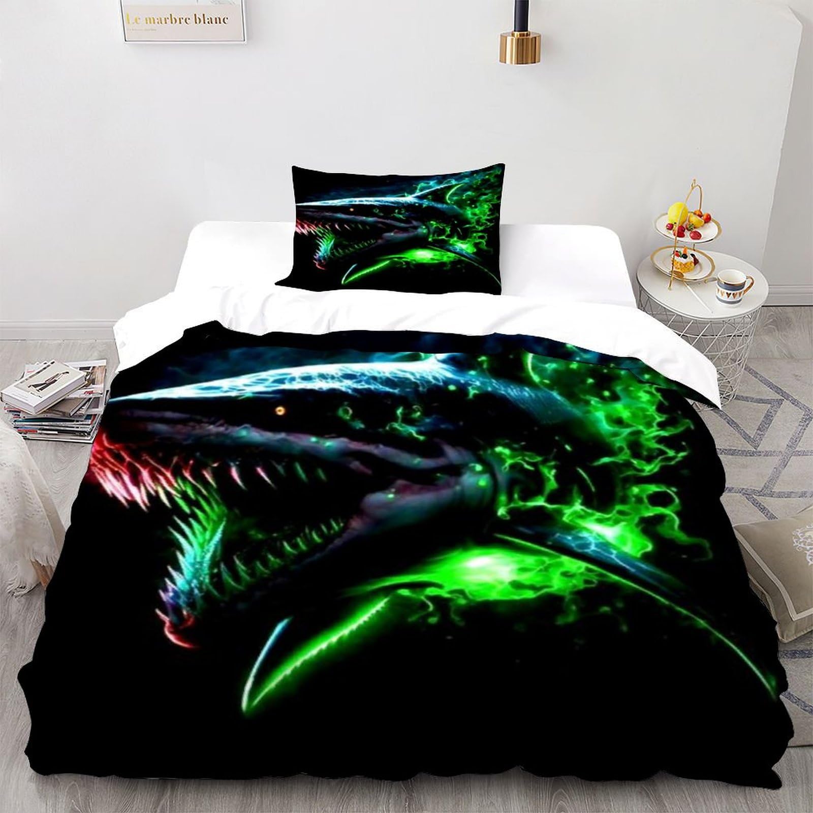 Housse de couette requin 135x200 parure de lit microfibre avec taie d'oreiller pour lit simple