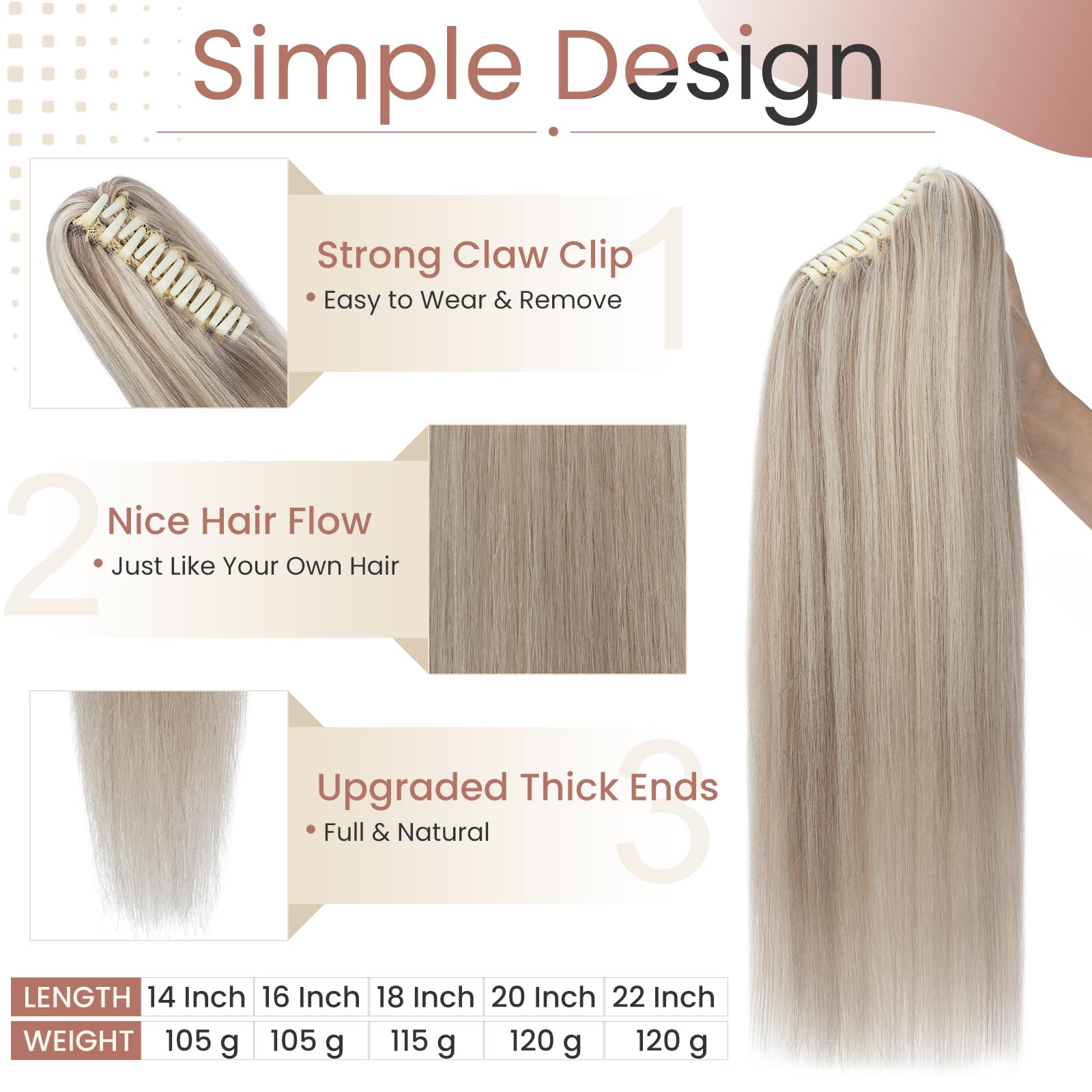 Elailite Claw on Ponytail Extension Real Human Hair Clip Natural HairPiece Straight (#18Y/613 Ash Blonde Mix Bleach Blonde, 20 Inch) - Image 4