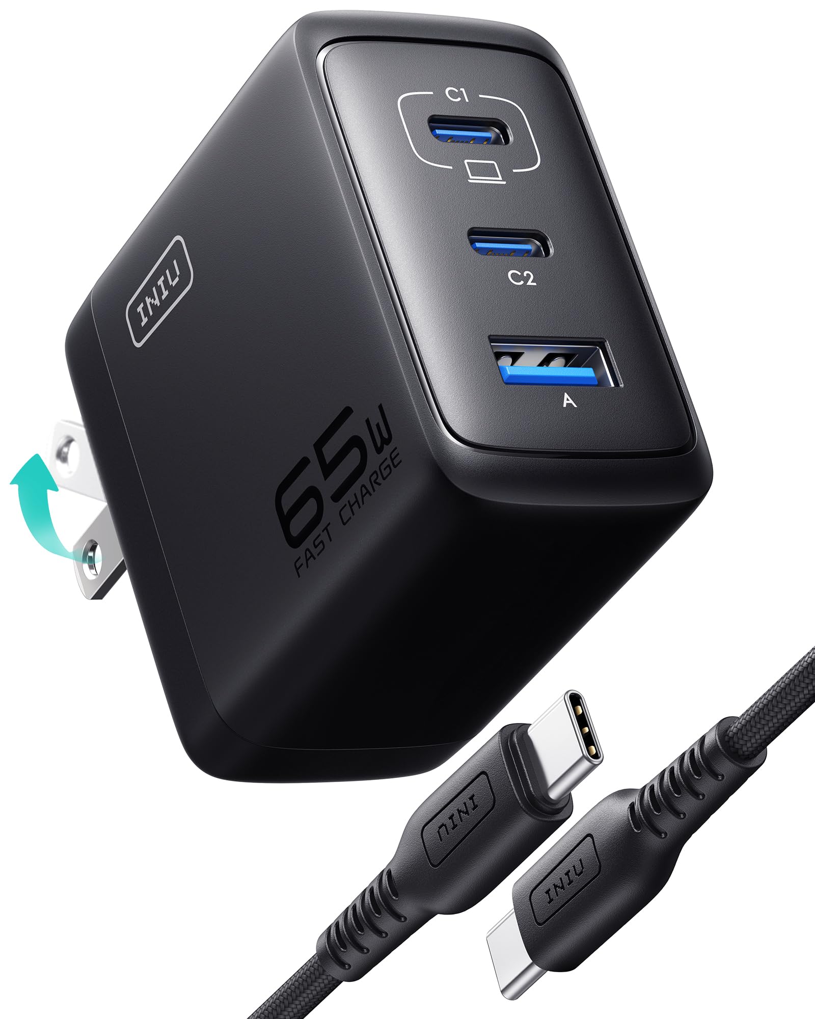 INIU 65W USB C Charger Block, 3-Port Fast Compact Foldable Charging Block for MacBook, iPad Pro, Galaxy S24, iPhone 16/15 and More Series