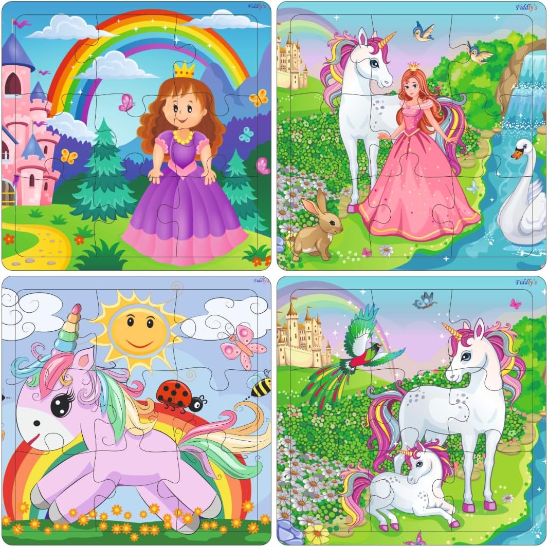 Fiddlys Wooden Jigsaw Puzzles for Kids & Children โ 9 Pieces Each, Pack of 4|Double Layered Front & Back Print| Educational Toy for Boys & Girls Age 2 3 4 5 6 Year Old (Unicorn & Princess)
