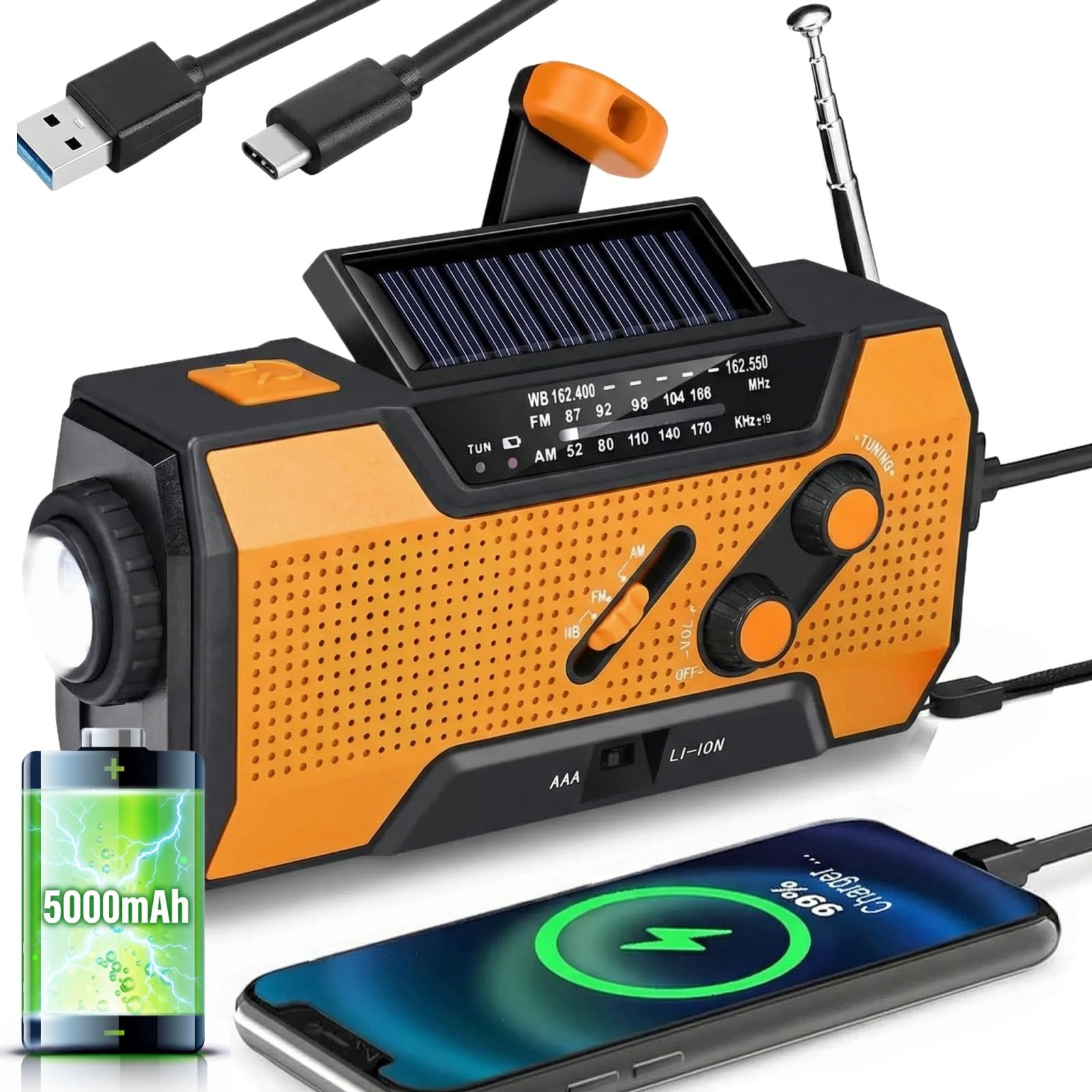 Alerskyo Emergency Radio, Upgrade Version Notfallradio AM FM NOAA mit 18500mWh 5000mAh Powerbank Tragbares Kurbelradio mit Solar Handkurbel Type C USB Aufladung SOS Alarm LED Taschenlampe IPX3