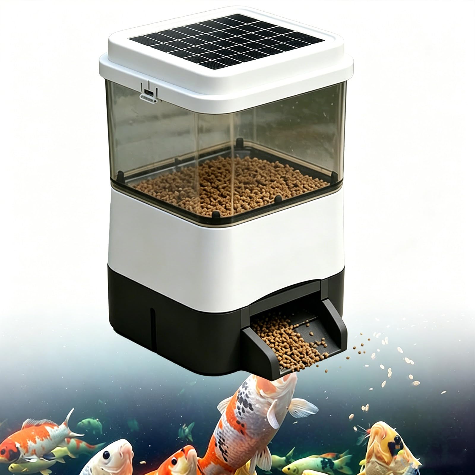 Dispensador solar de comida para peces con salida regulable exterior