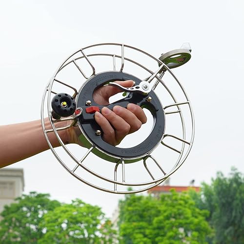Miniatura 7 de Carrete de cometa de acero inoxidable de metal con freno, 11.2 pulgadas de diámetro, bloqueo de seguridad y conectores de línea de rodamientos, guía