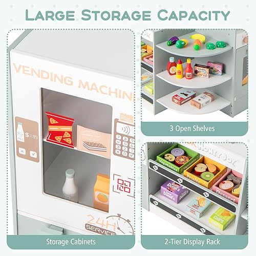 Miniatura 7 de Costzon Juego de tienda de comestibles para niños, tienda de juegos de madera con mostrador de pago, caja registradora, máquina expendedora,