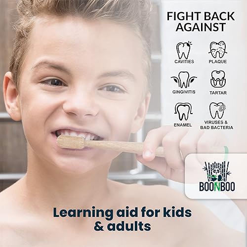 Miniatura 4 de BOONBOO Cepillos de dientes  Paquete de 4 cepillos de dientes de bambú  Cerdas medianas  Autopermanente  Natural, sostenible, biodegradable