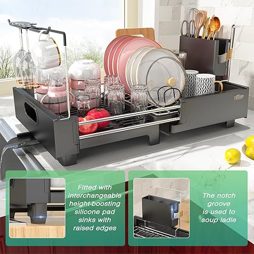 Miniatura 4 de Escurridor de platos  Escurridor de platos grande expandible, escurridor de platos con salida de agua ajustable, escurridor de platos de acero