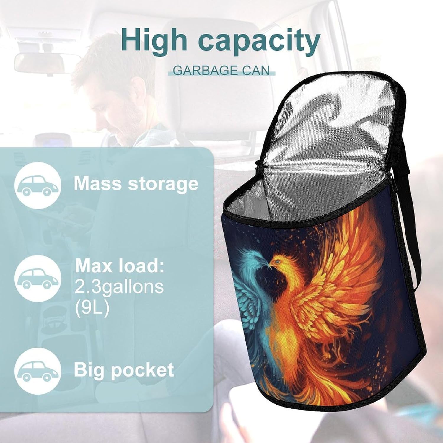 Hanging Car Trash Bag Fire and Water Phoenix Printed Car Garbage Storage Bag Leakproof Car Trash Can Portable Garbage Storage Bags