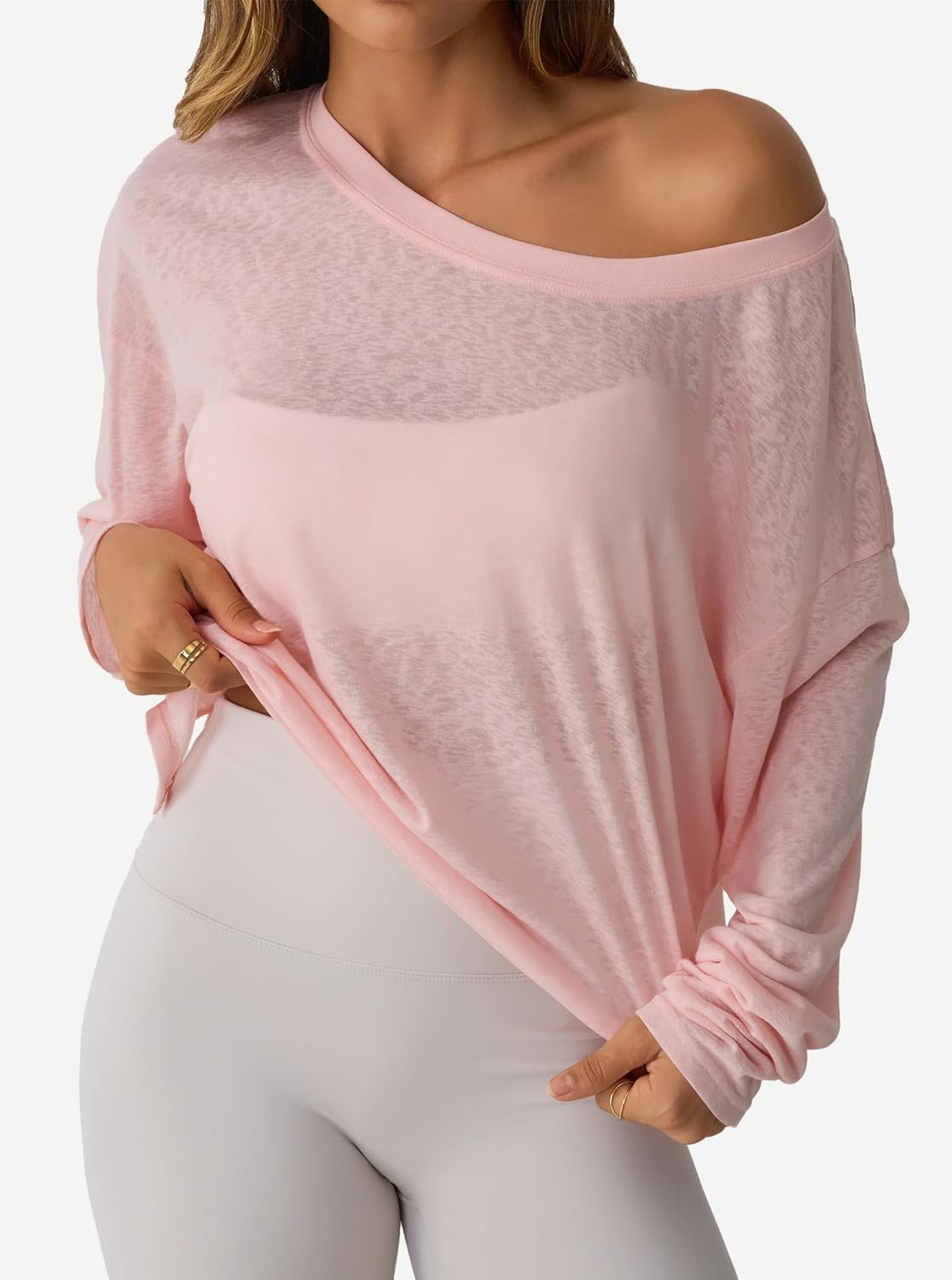 Hilinker Women's Sheer Off The Shoulder Tops Mesh Workout Sexy Long Sleeve T Shirt - Image 3