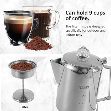 Percolator Coffee Pot Stainless Steel Camping Coffee Pot Fast Brew Indoor Outdoor Stovetop Coffee Maker with Clear Top Glass Knob Coffee 9 Cups Percolator for Group Camping Hiking Backpacking Travel