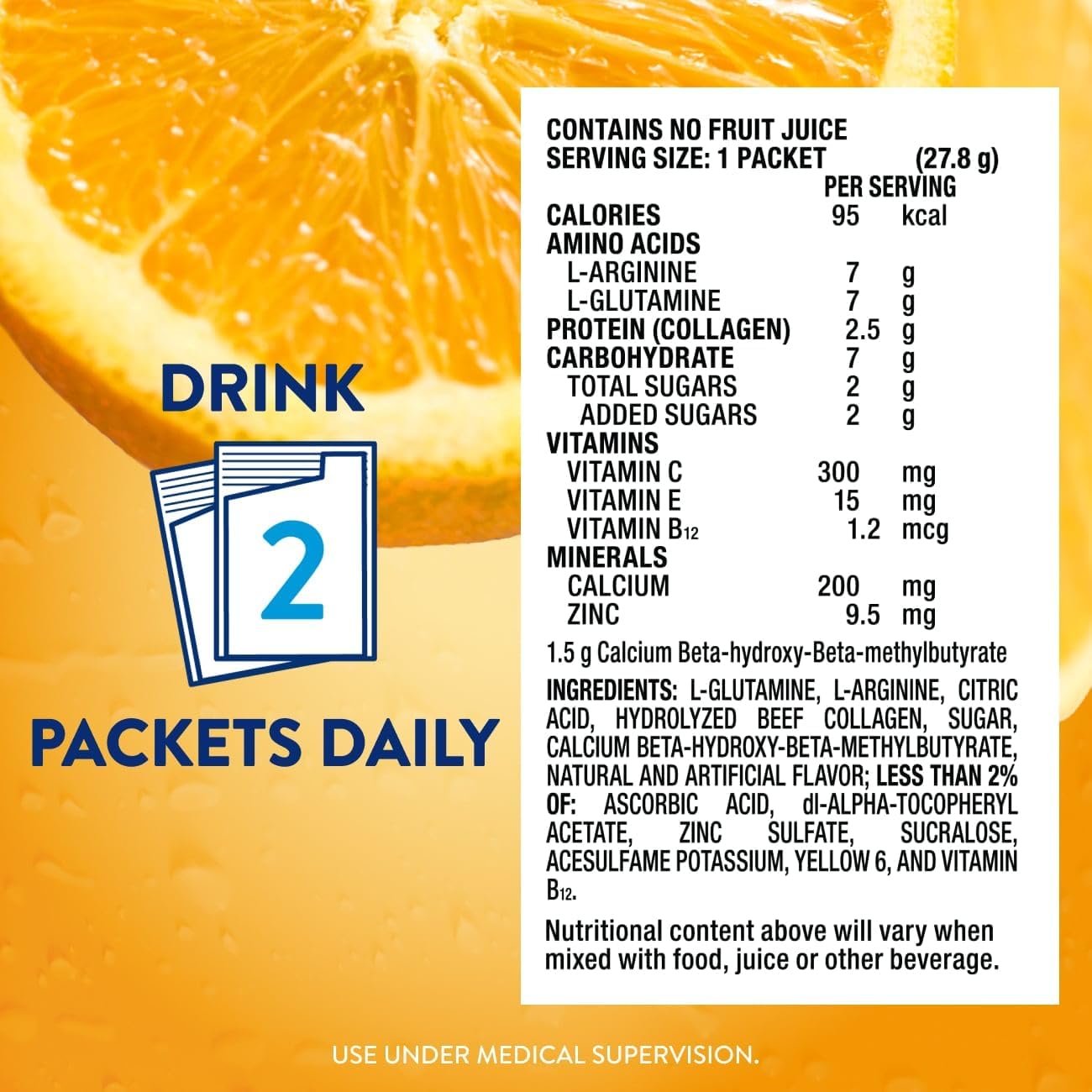 Juven Therapeutic Nutrition Drink Powder Including Collagen Peptides, Amino Acids, and HMB for Wound Healing Support, Orange, 14 Packets - Image 5