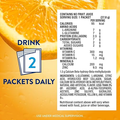 Miniatura 5 de Juven Bebida en polvo terapéutica de nutrición que incluye péptidos de colágeno, aminoácidos y HMB para apoyo a la curación de heridas, naranja, 14