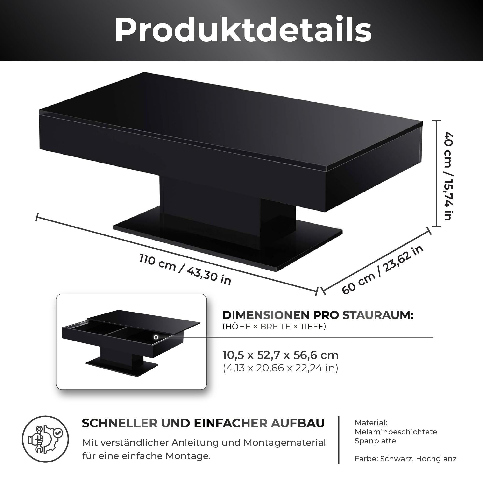 [en.casa] Couchtisch Lünen Wohnzimmertisch mit Stauraum Truhentisch Sofatisch mit ausziehbarer Tischplatte rechteckig 2 Staufächer 40 x 110 x 60 cm Schwarz Hochglanz