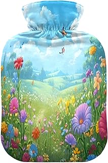 Wajiw Hot Water Bottle with Cover 1L Warm Water Bottle for Hot and Cold Compress Hot and Cold Therapies,Hand Feet Warmer,Flower Field