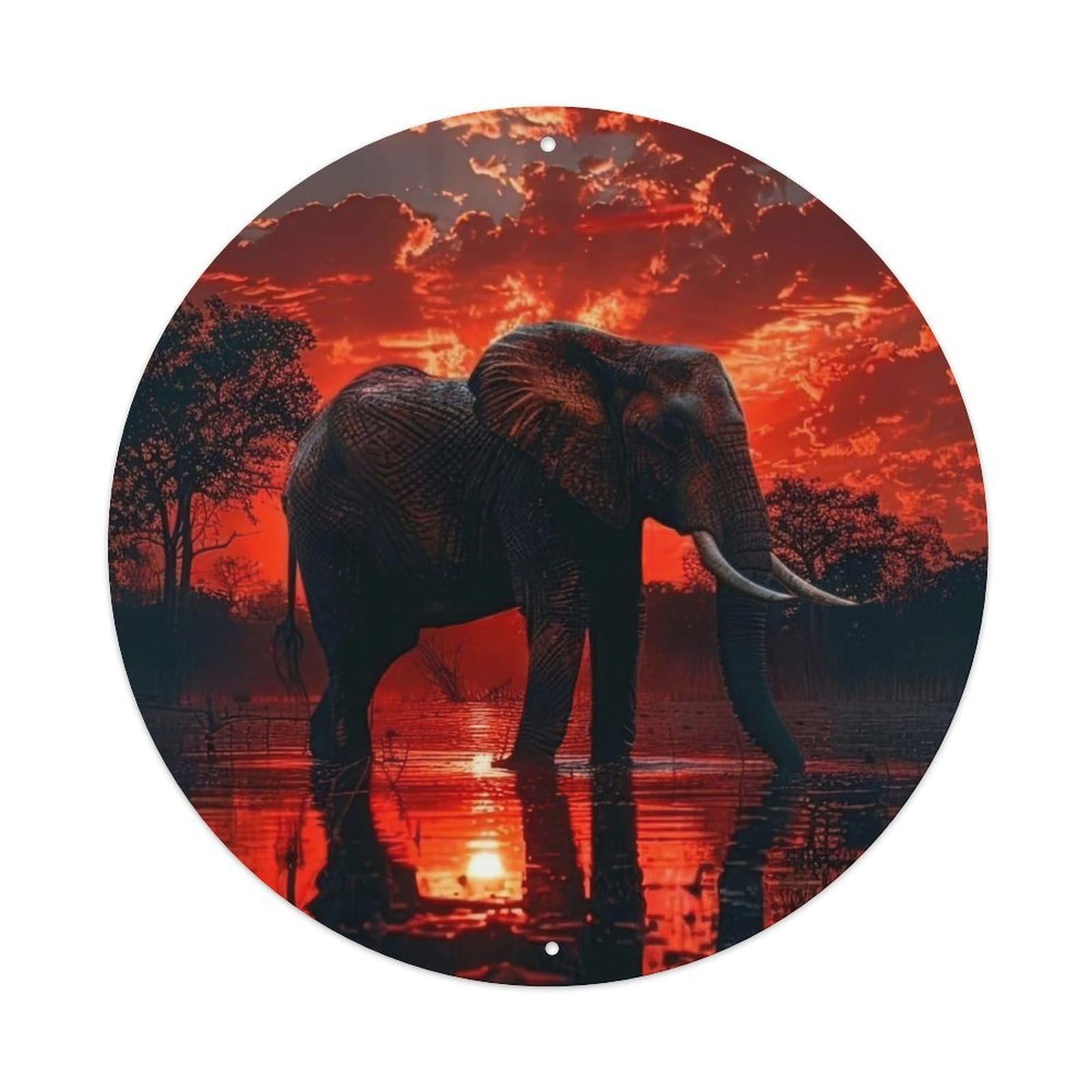 Animal African Elephant in Fiery Sunset Sky with Water Reflection Silhouette Vintage Metal Tin Sign Plaque Wall Decor for Cafe, Club Bar, Office, Garden Metal Poster 8x8Inch