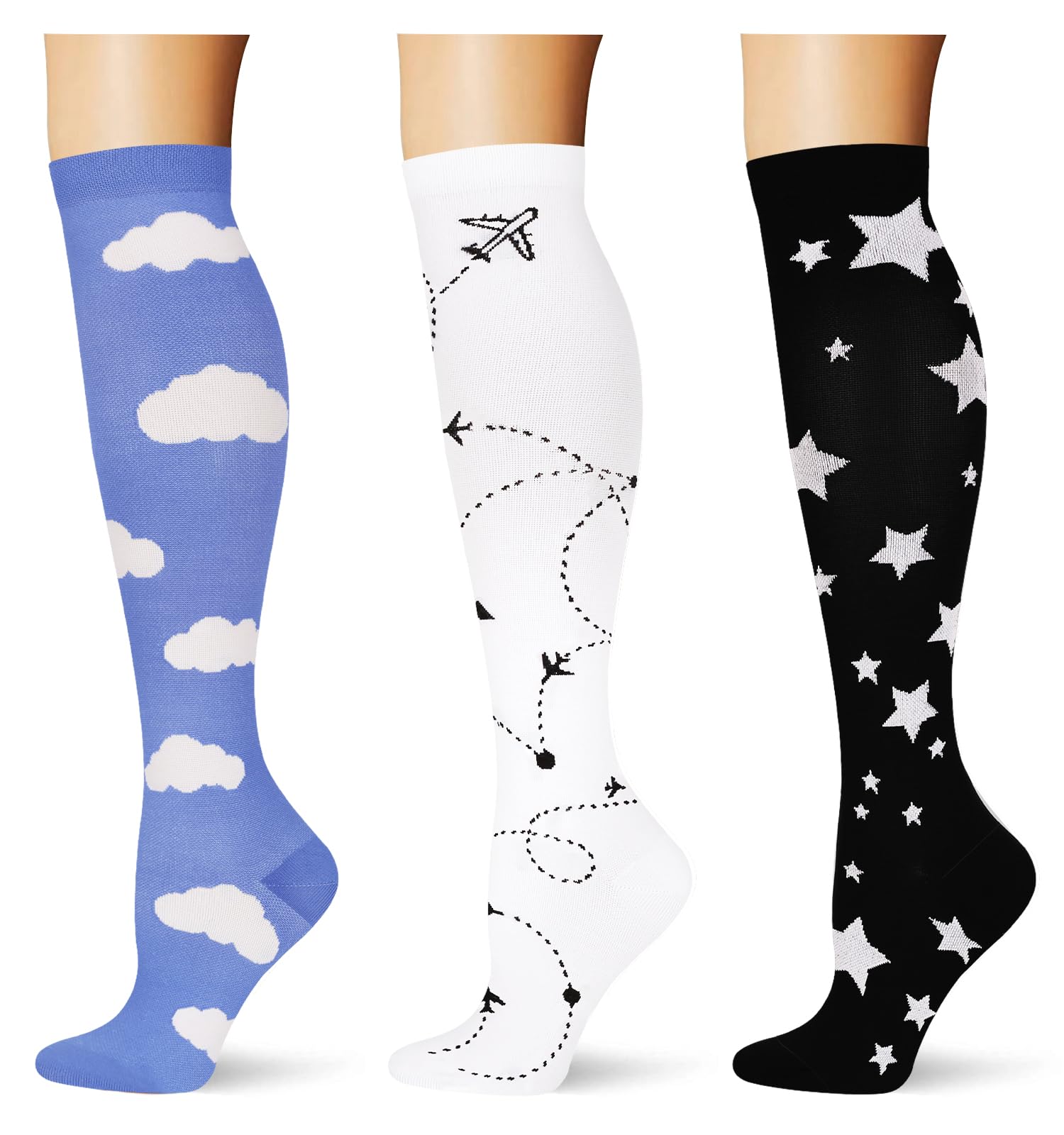 (3 pairs) Compression Socks 20-30 mmHg Long Knee High Socks for Women Men Support Athletic Travel Daily Wear