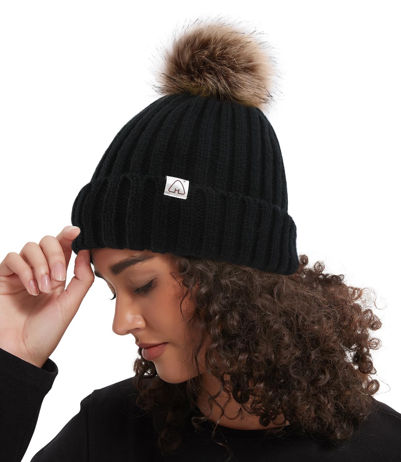 Hat Hut Winter Hats for Women Satin Lined Beanie Hats for Women Ladies Bobble Hat Warm Winter Cap Pom Pom Beanie (A1-Black)