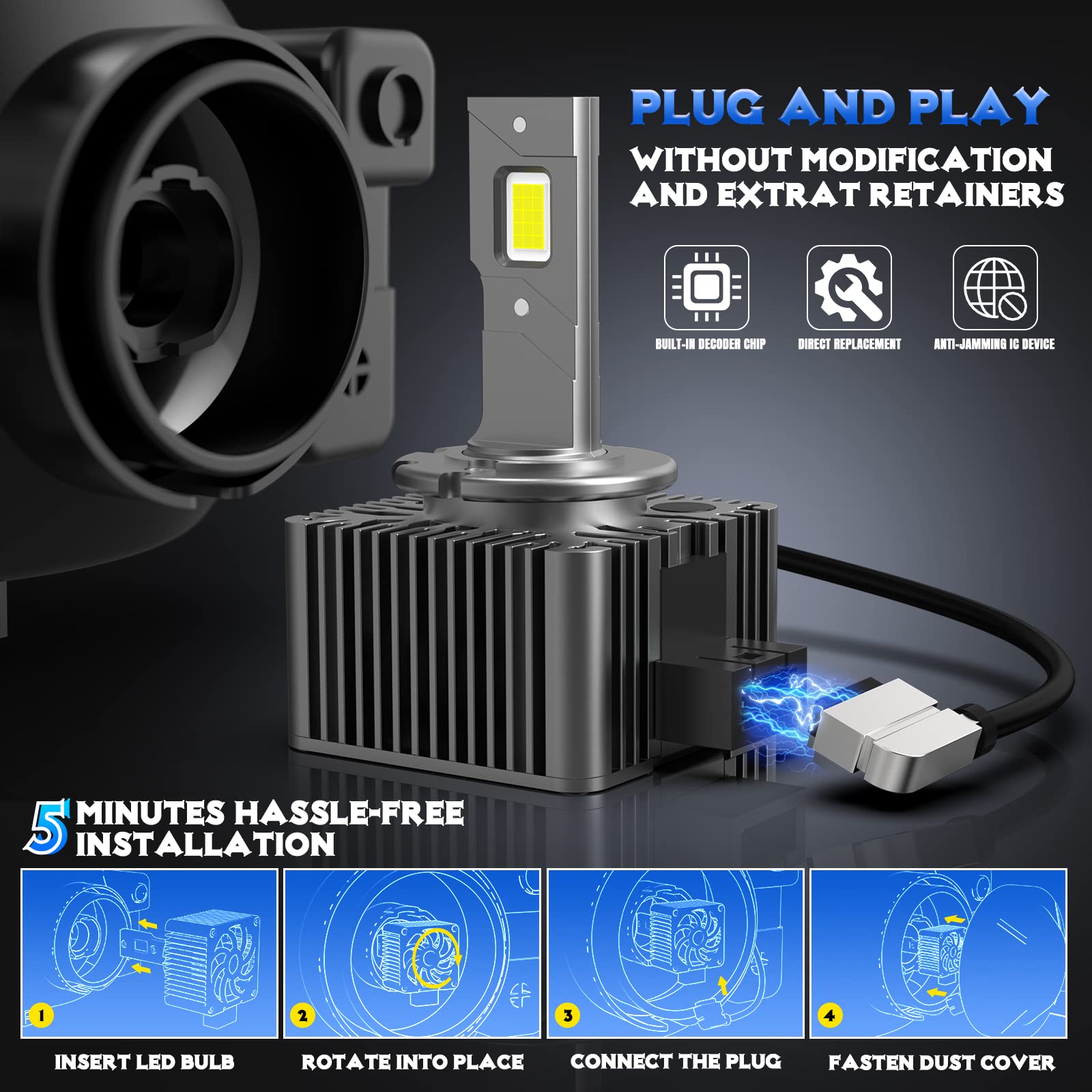 CAR WORK BOX Żarówki LED D1S, zamiennik żarówek ksenonowych HID, 60 W, 12000 lm, 6000 K, D1S, żarówki samochodowe