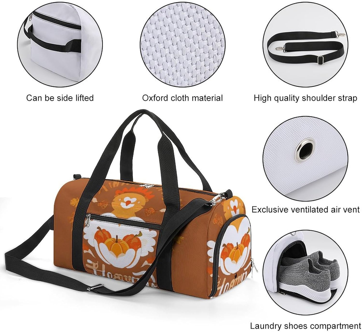Thanksgiving Day Barrel Gym Bags for Men And Women, Duffle Bag for Travel Sports Bag Camping Weekend Carry on Overnight Duffel Bag with Shoulder Strap