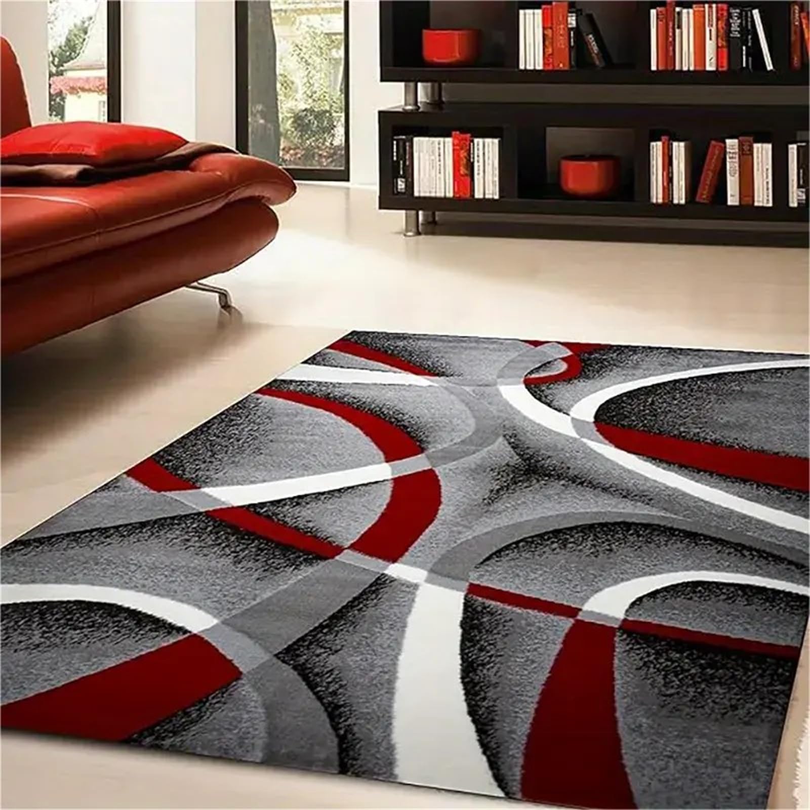 USHIRUG Vintage Abstract Area Rug, 80x150cm, Geometric Red and Gray Swirl Pattern Carpet, Non-Slip Durable Indoor Rugs, Washable Soft Rugs for Living Room Bedroom Dining Room Lounge Kitchen