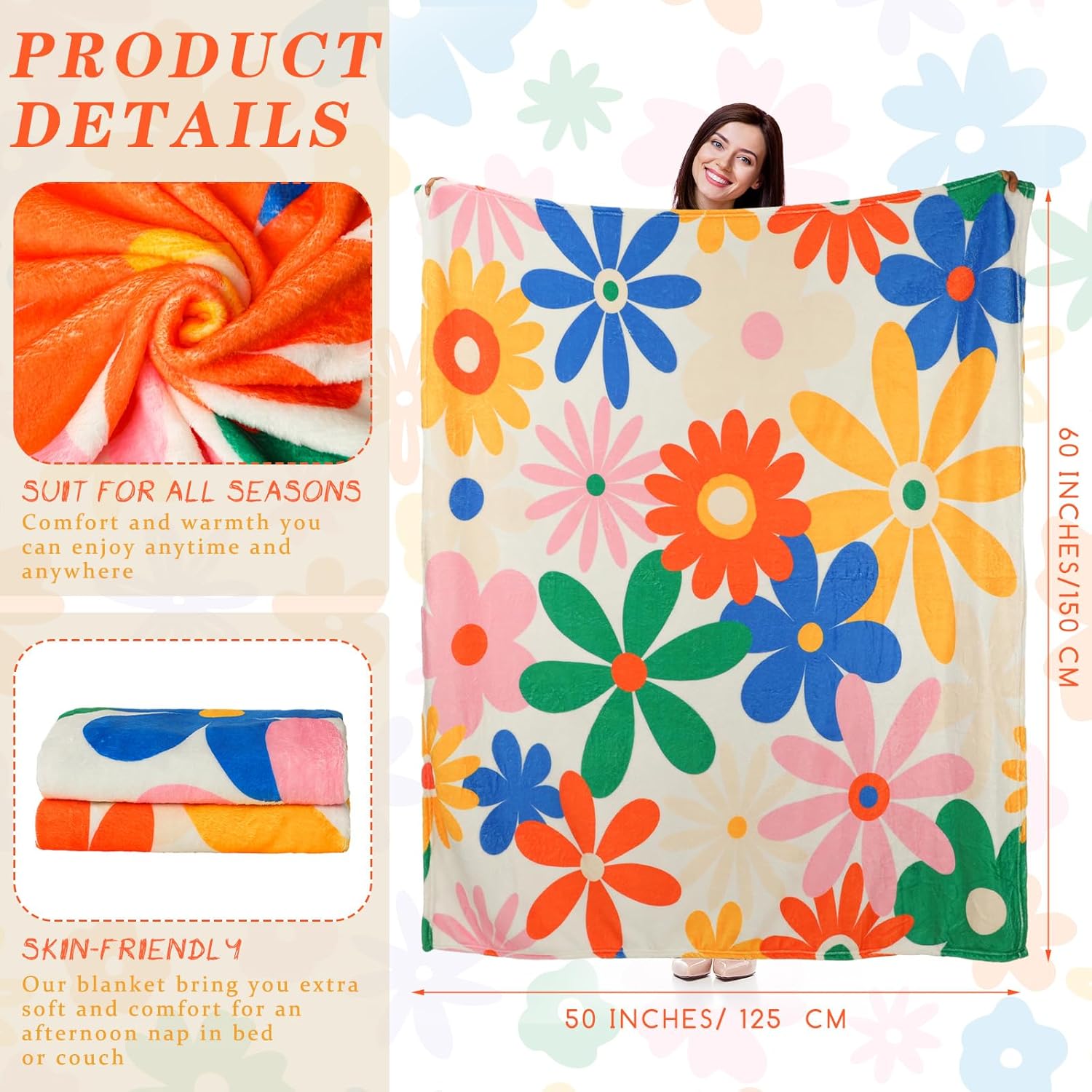 Frienda Vintage Flower Blanket Boho Colorful Throw Blanket Hippie Soft Blanket Preppy Decor Aesthetic Floral Flannel Throw Blanket for Sofa Couch Bed Chair or Dorm Supplies 50" x 60" - Image 2