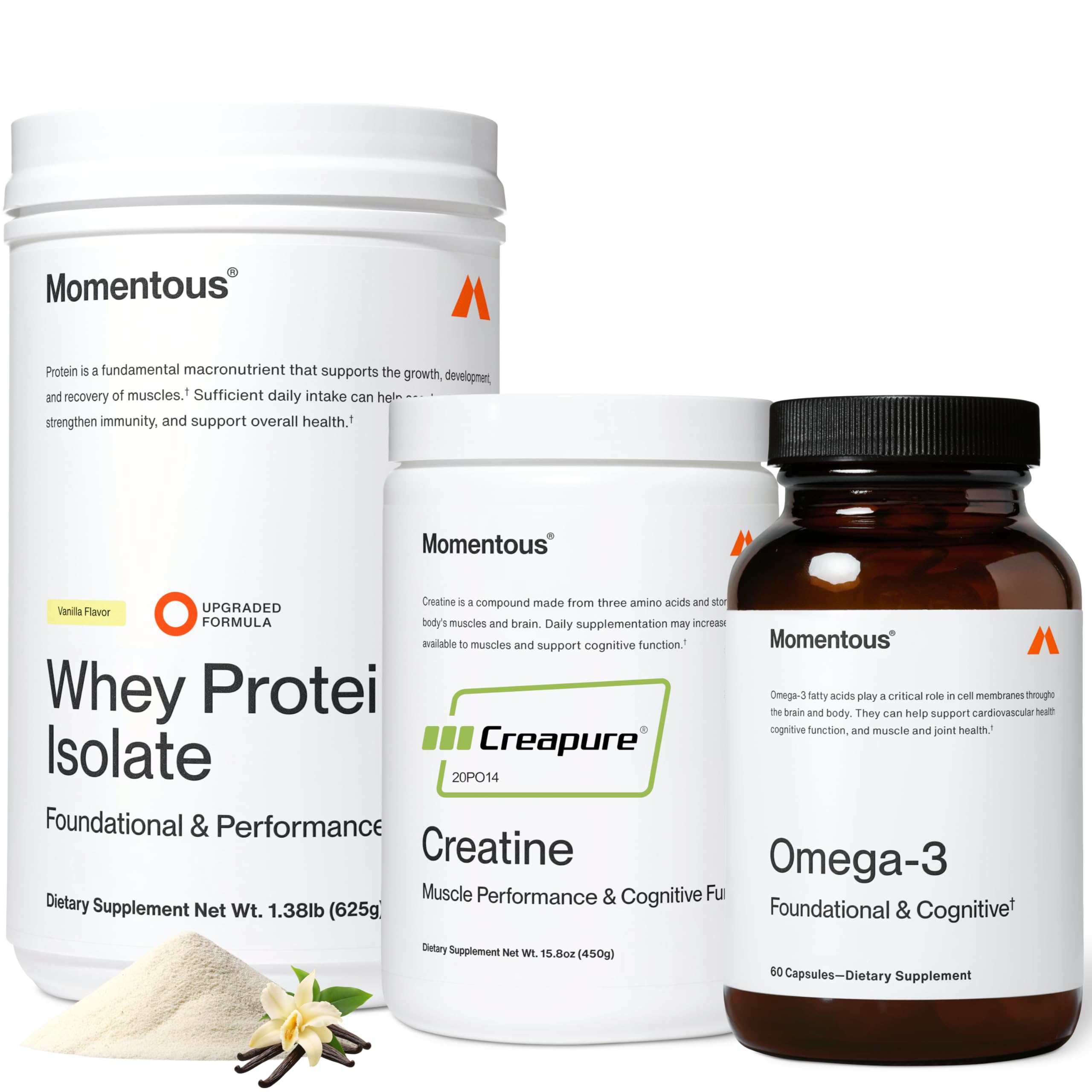 Three - Creatine Monohydrate Powder (90 Servings), Grass-Fed Whey Protein Powder (Vanilla) & Omega-3 Fish Oil 1600mg - Daily Essentials for Strength, Performance & Lean Muscle Recovery