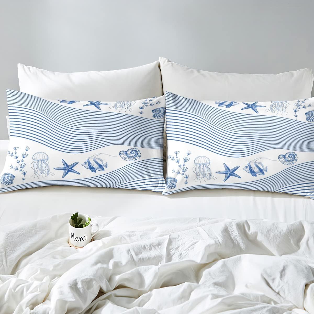 Homemissing Double Decoration Theme Ocean Duvet Cover Jellyfish Sea Star Biology Ocean Stripe Bedding Set Blue and White Duvet Cover Bedroom Decoration - Image 4