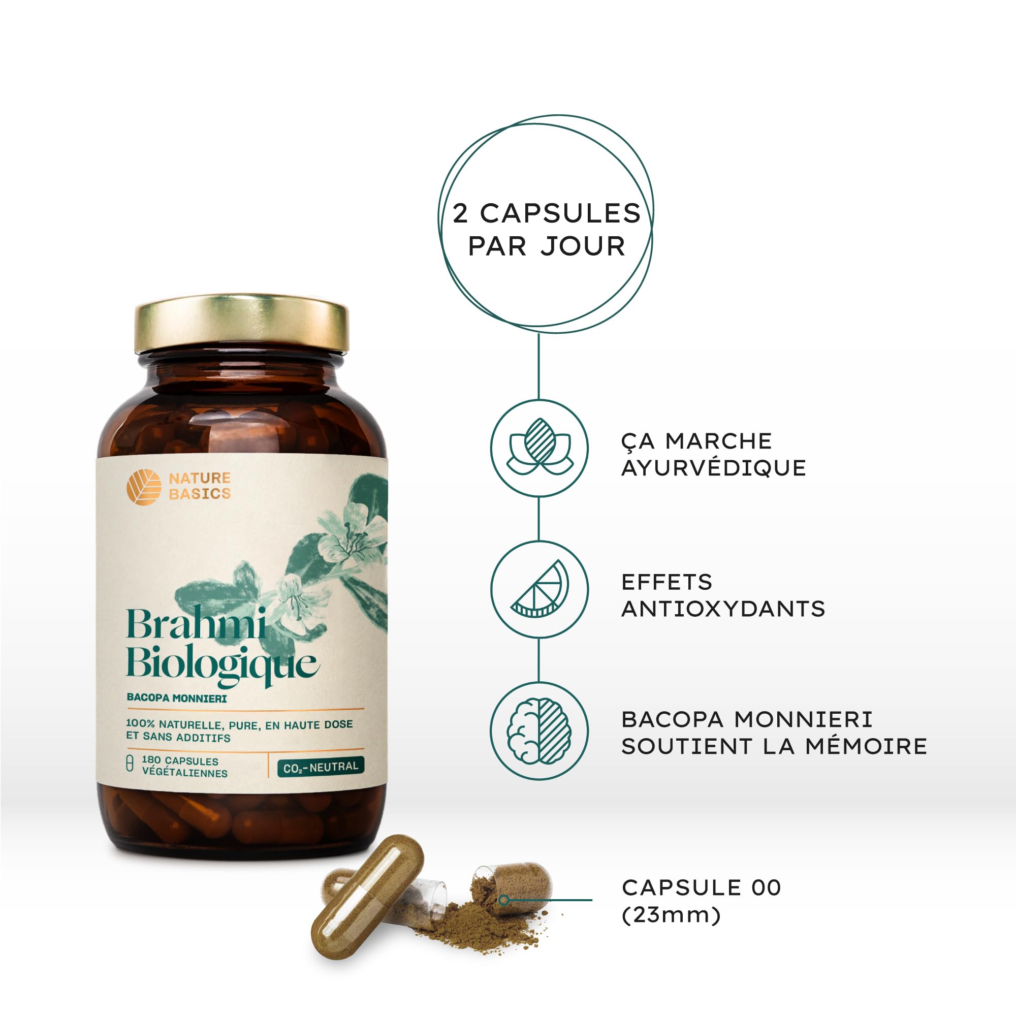 Nature Basics® Brahmi bio en bocal | 180 gélules végétaliennes - 3 mois d'approvisionnement | 1.000mg de poudre de brahmi bio par dose journalière | Neutre en CO