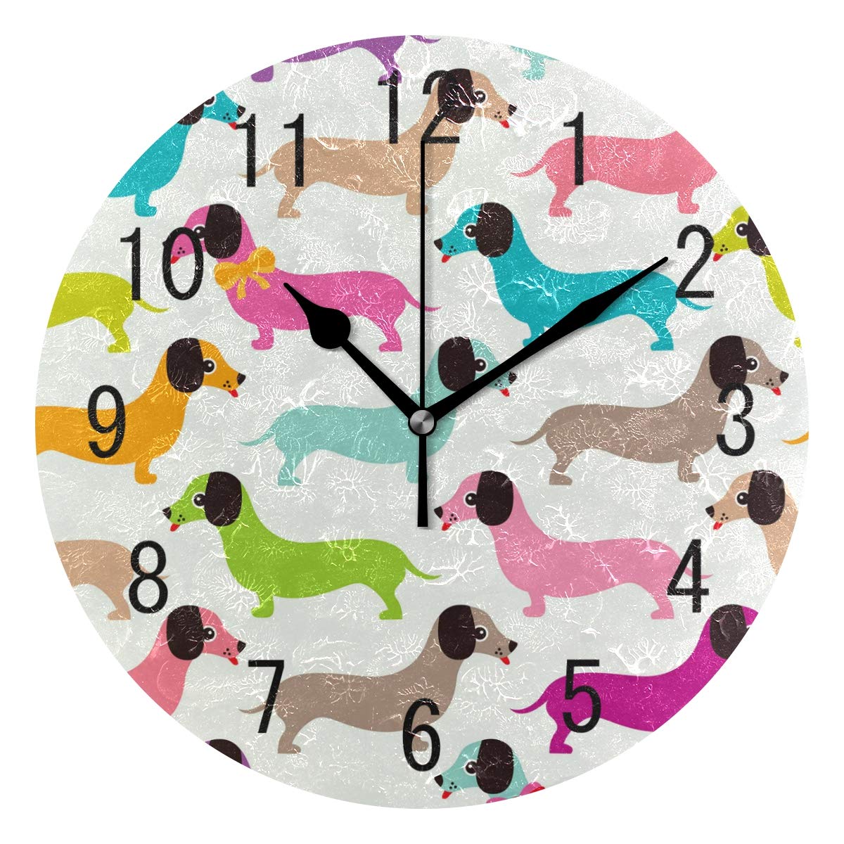 Use7 Home Decor Colorful Cartoon Dachshund Puppy Dog Round Acrylic Wall Clock Non Ticking Silent Clock Art for Living Room Kitchen Bedroom