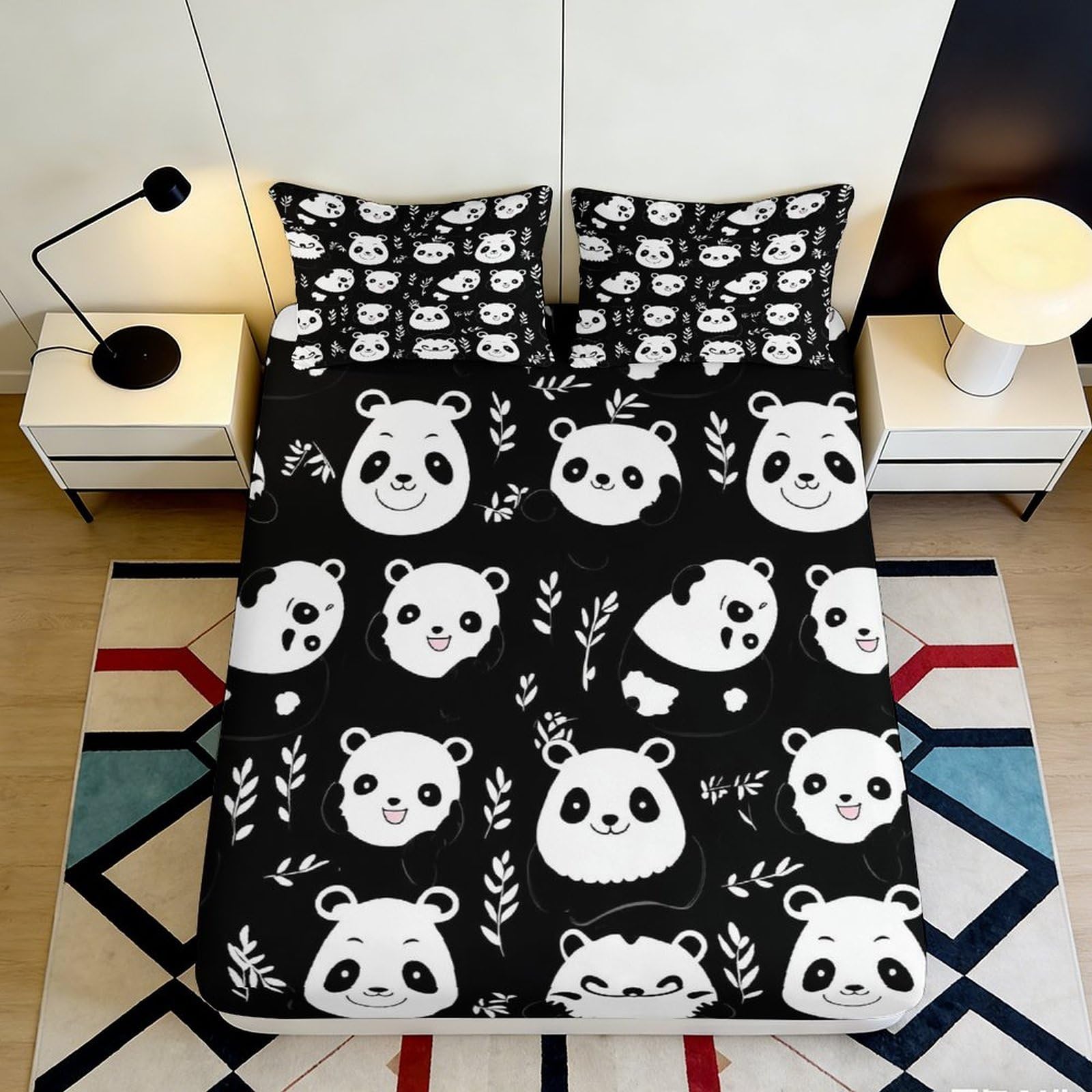 3D Printed Cartoon Panda Fitted Sheet Microfiber Soft Breathable Black White Bamboo Mattress Cover Bedroom Decor 180x200x25cm