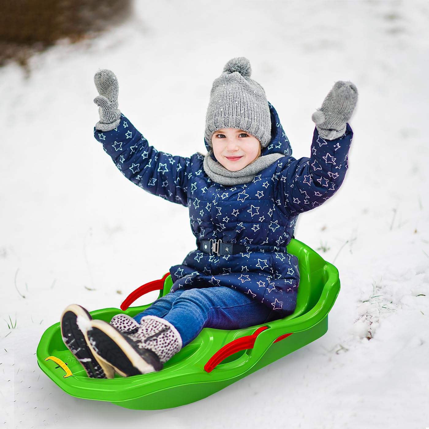 JAMARA 460540 Snow Play Bob Comfort 80 cm grün mit Bremse-Lenken durch Bremshebel, aerodynamische Bauweise, langlebiger, schlagzäher Kunststoff-bequemer, ergonomischer Sitz
