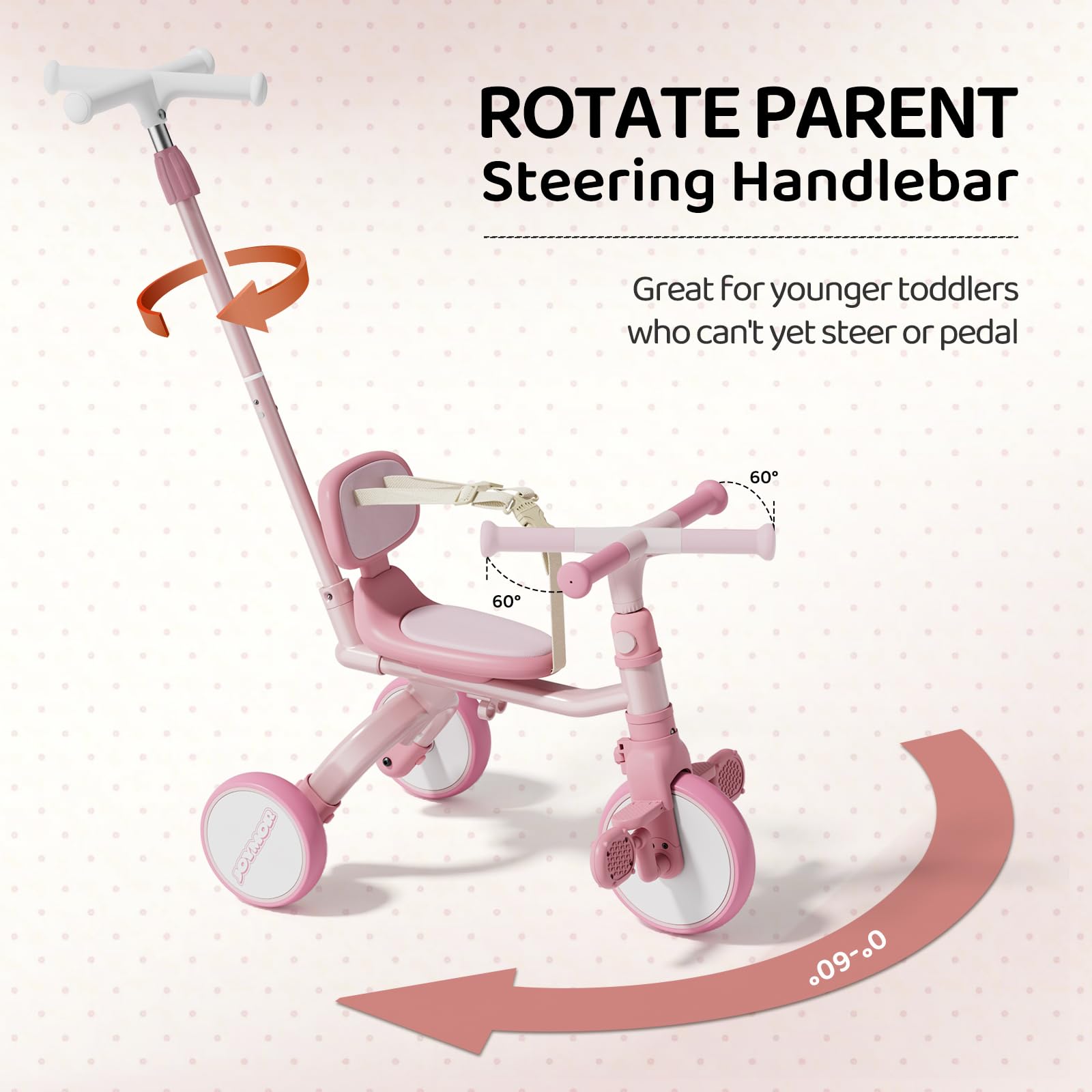Bonnlo Dreirad mit Schubstange, 5 in 1 Laufrad Dreirad für Kinder, Kinderfahrrad ab 1 Jahr bis 25kg, Baby-Dreirad Rosa