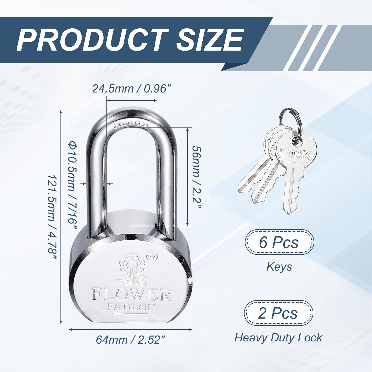 PATIKIL Heavy Duty Lock, (W: 2-5/16inch / 65mm, Silver)(2Pcs), Alloy Steel High Security Padlock with 6 Keys, Suit for-Gate Warehouse Shipping Container Storage Door (H:121.5mm)