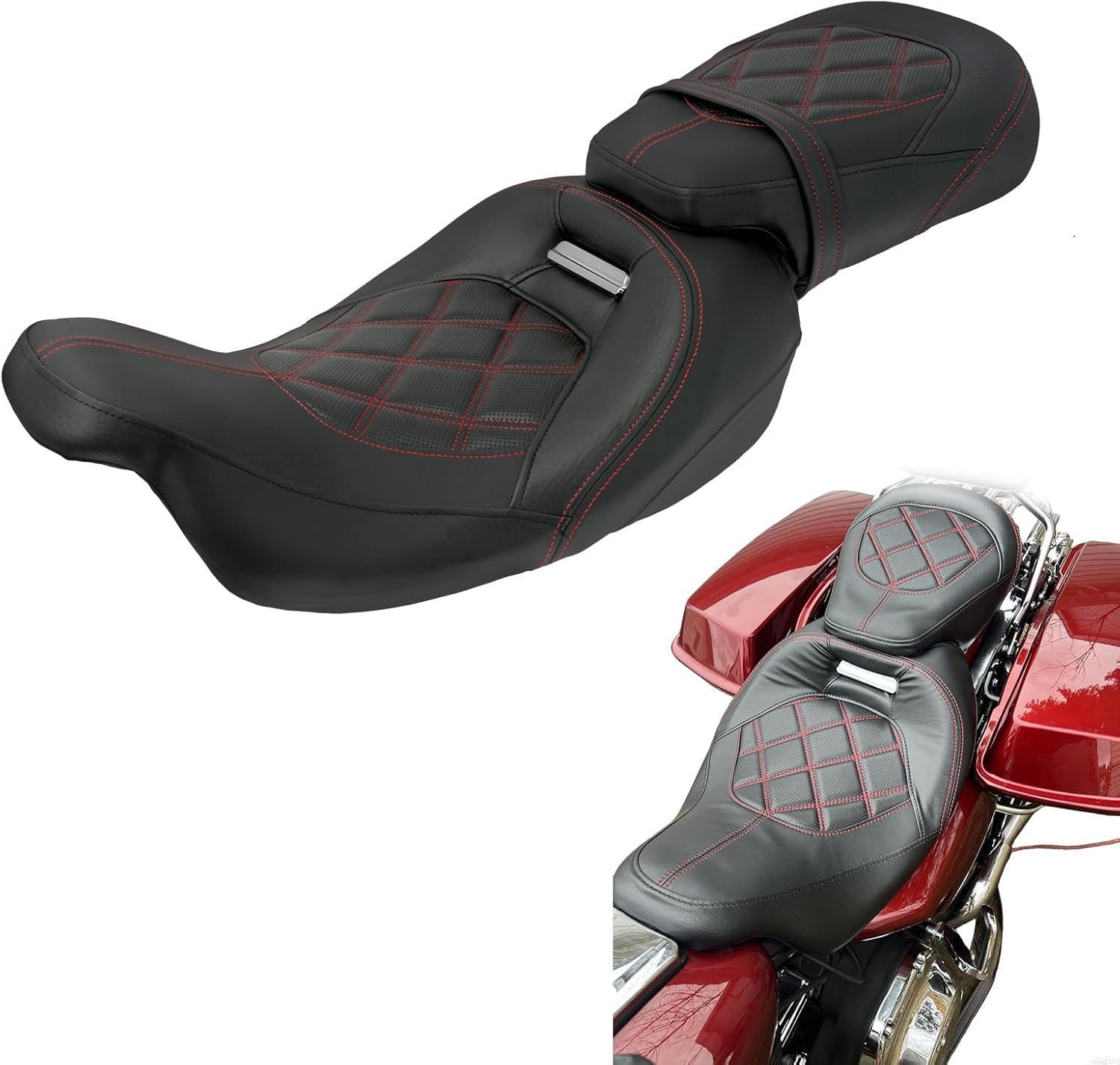 Motorcycle Seat Passenger Rider Two-up Pillion Fit for Harley Touring Street Glide Road Glide Road King Electra Glide 2009-up (Red Stitching)