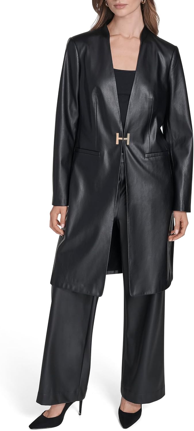 HALSTON womens Long Vegan Leather Gold Hardware Jacket