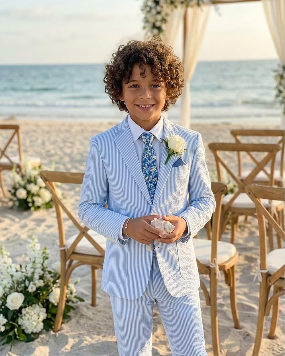 Bofan Seersucker Boys Suit Casual 2 Piece Stripe Suits for Boy Blazer Jackets Pants Summer Beach Wedding Tuxedo Set
