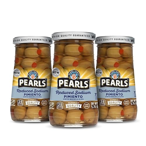 Pearls Aceitunas verdes de Manzanilla rellenas de sal reducida Pimiento, 5.75 onzas, paquete de 3 frascos