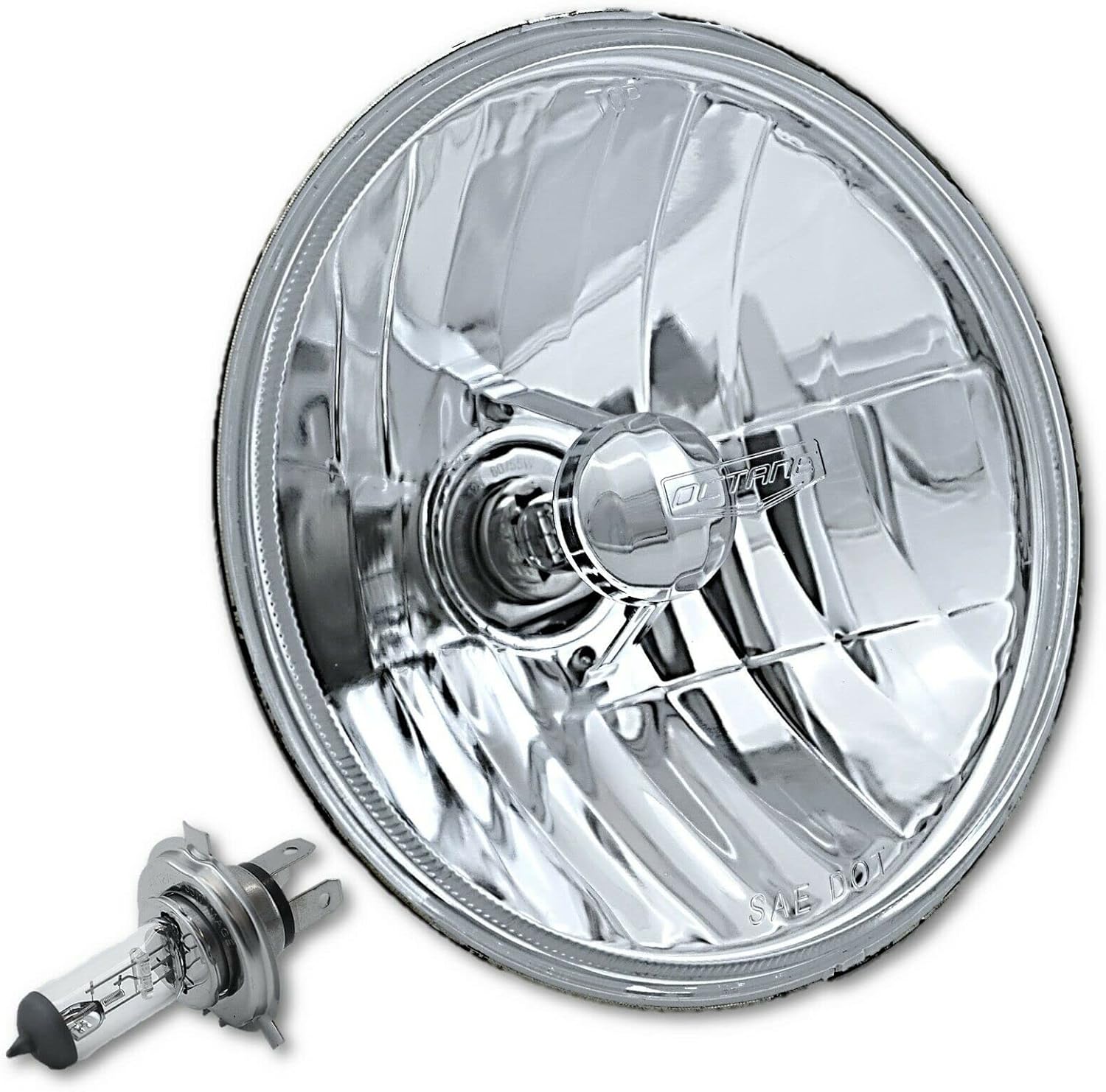 Octane Lighting 7 Inch Crystal Glass/Metal Headlight 60/55 Halogen H4 Clear Light Bulb Headlamp Pair