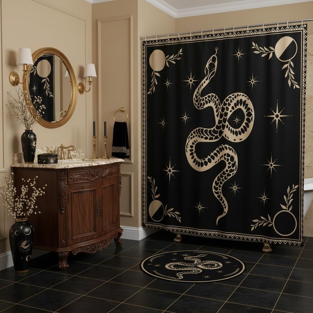 Snake Printed Waterproof Shower Curtains Luxury Heavy Fabric Bathroom Shower Curtain Boho Sun and Moon Hotel Home Dorm Bathtubs Decor Shower Curtain Machine Washable Grommet Curtain 72 x 84 Inch