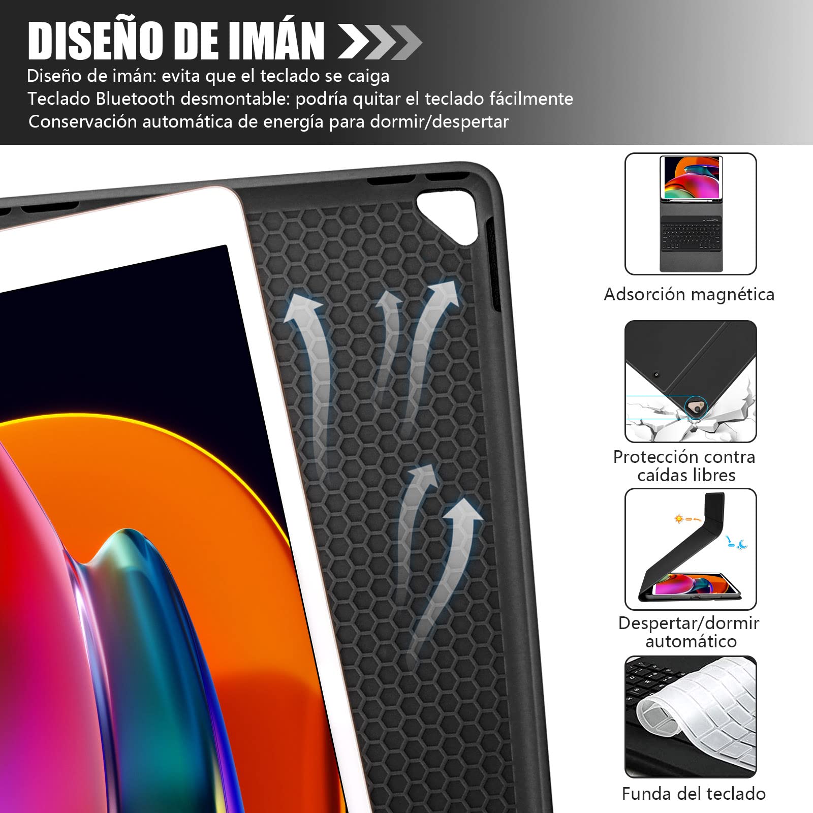 HOTLIFE Funda con Teclado para iPad 10.2 9th Gen 2021/iPad 8th 2020/iPad 7th 2019, Español Ñ con Inalámbrico Desmontable Teclado (QWERTY) para iPad Pro 10.5 2017/iPad Air 3 2019(Negro)