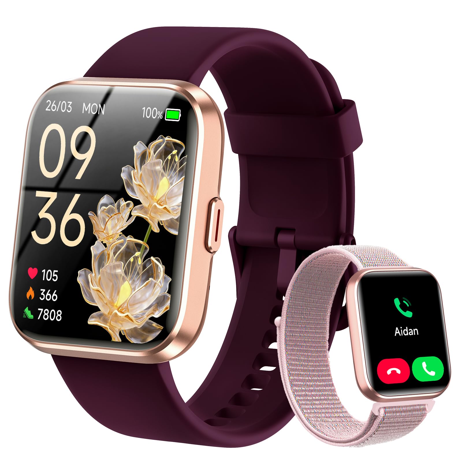 Smart Watches for Women, 1.8" Smart Watch for Android Phones & iPhones with Call/SMS/Reminder, 120+ Sport Modes Fitness Watch with Sleep/Heart Rate Monitor, Activity & Health Tacker, 3ATM Sport Watch Burgundy