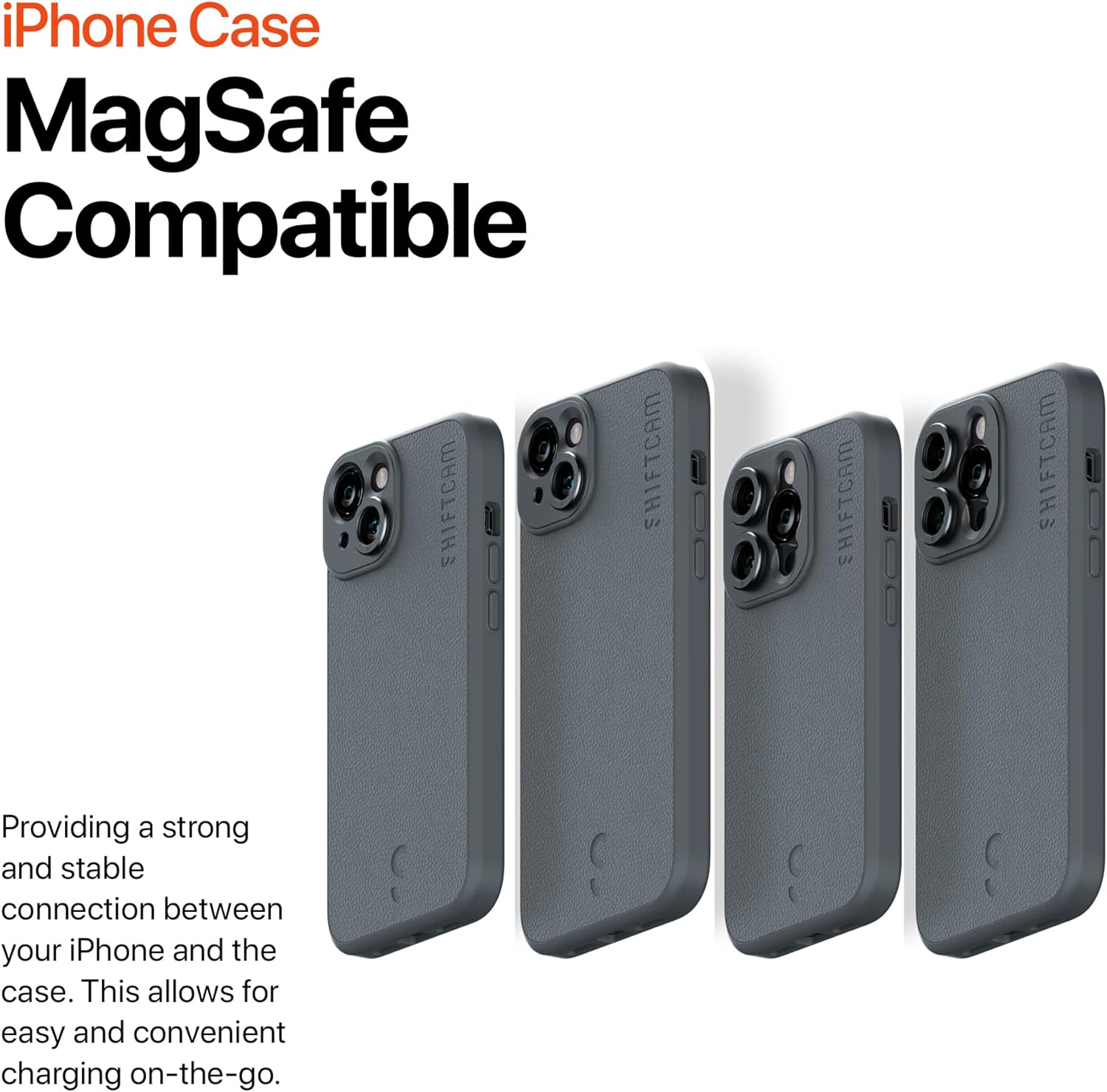Four ShiftCam Camera Cases for iPhone 14 Plus standing upright, illustrating MagSafe compatibility.