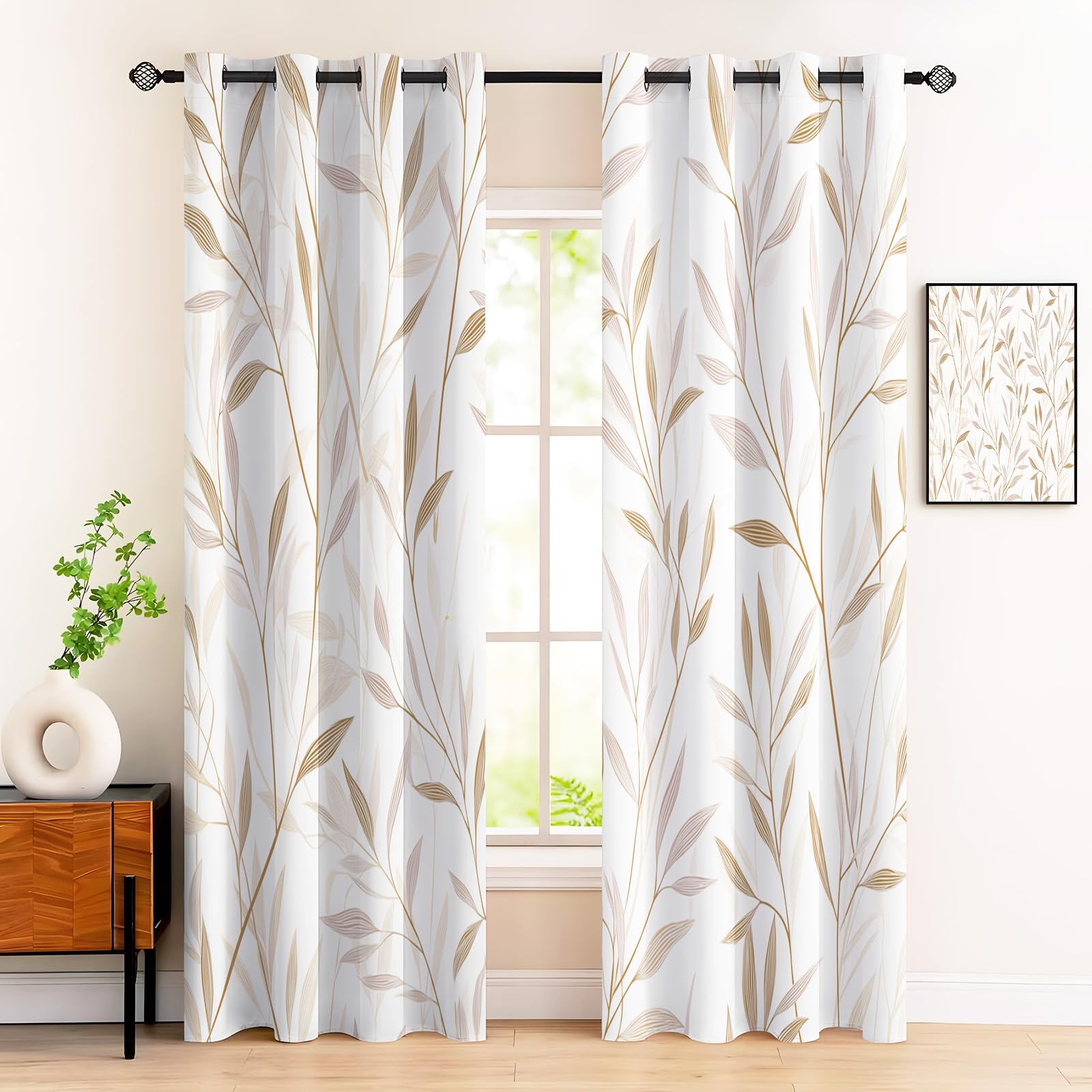 Rideau occultant feuilles de saule beige 140x225 cm lot de 2