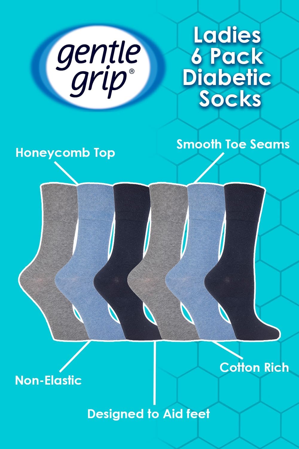 Gentle Grip - 6 Pairs of Ladies Diabetic Socks - 5-9 us (Blue)