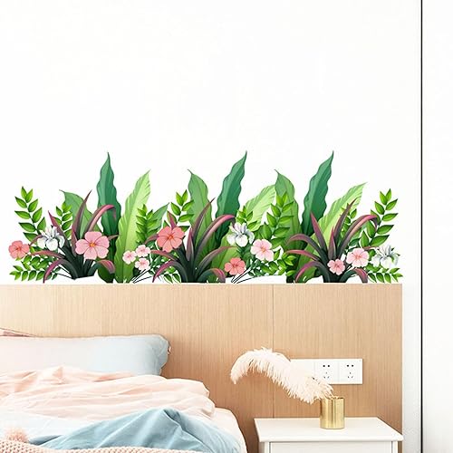 Eutecado Calcomanía de pared de flores y hojas verdes para sala de estar, dormitorio, colorido zócalo floral, calcomanía de pared de césped
