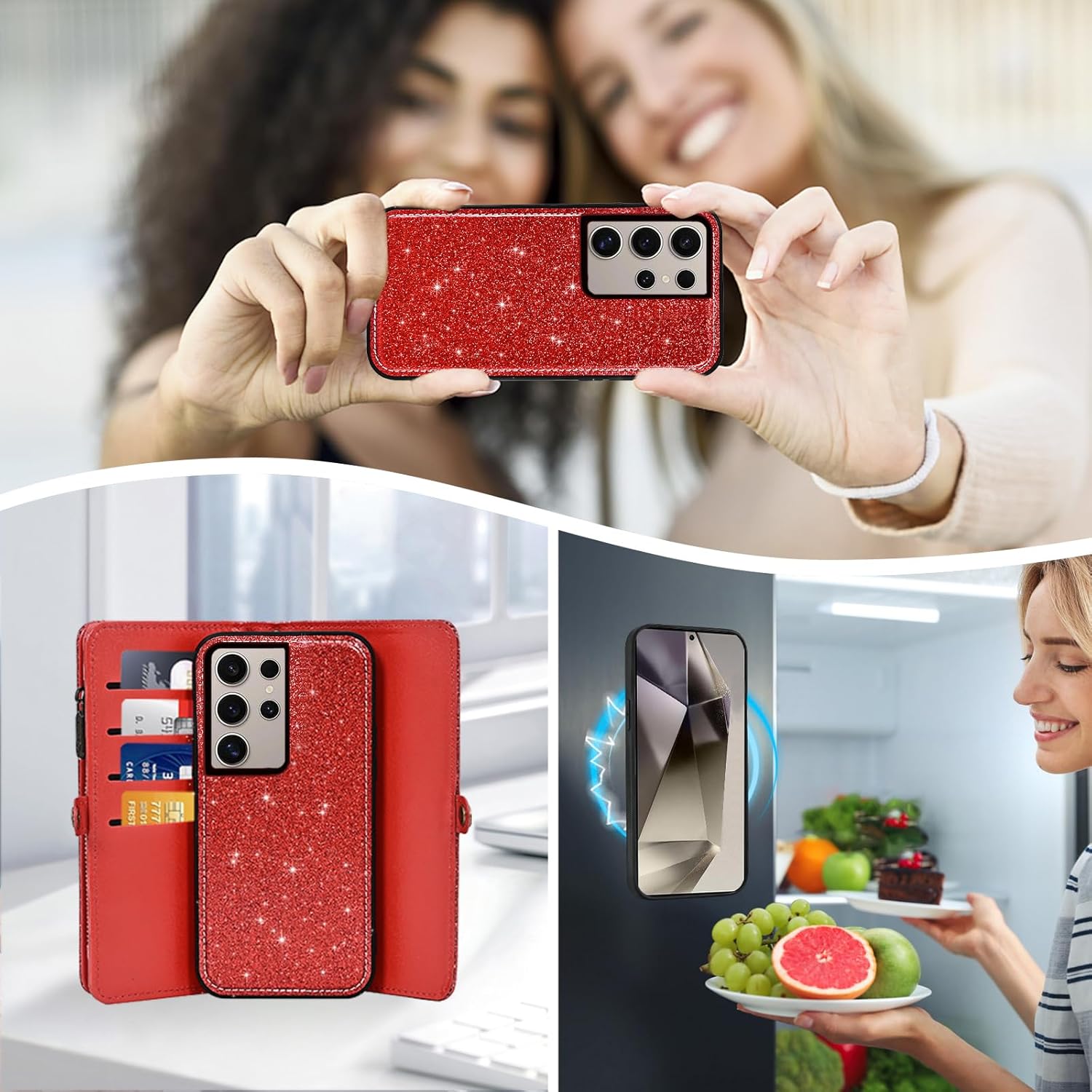 Asuwish Phone Case for Samsung Galaxy S24 Ultra 5G Zipper Wallet Detachable Cell Cover with Tempered Glass Screen Protector Lanyard Wrist Strap Flip Card Holder S24Ultra 24S S 24 24Ultra Women Red