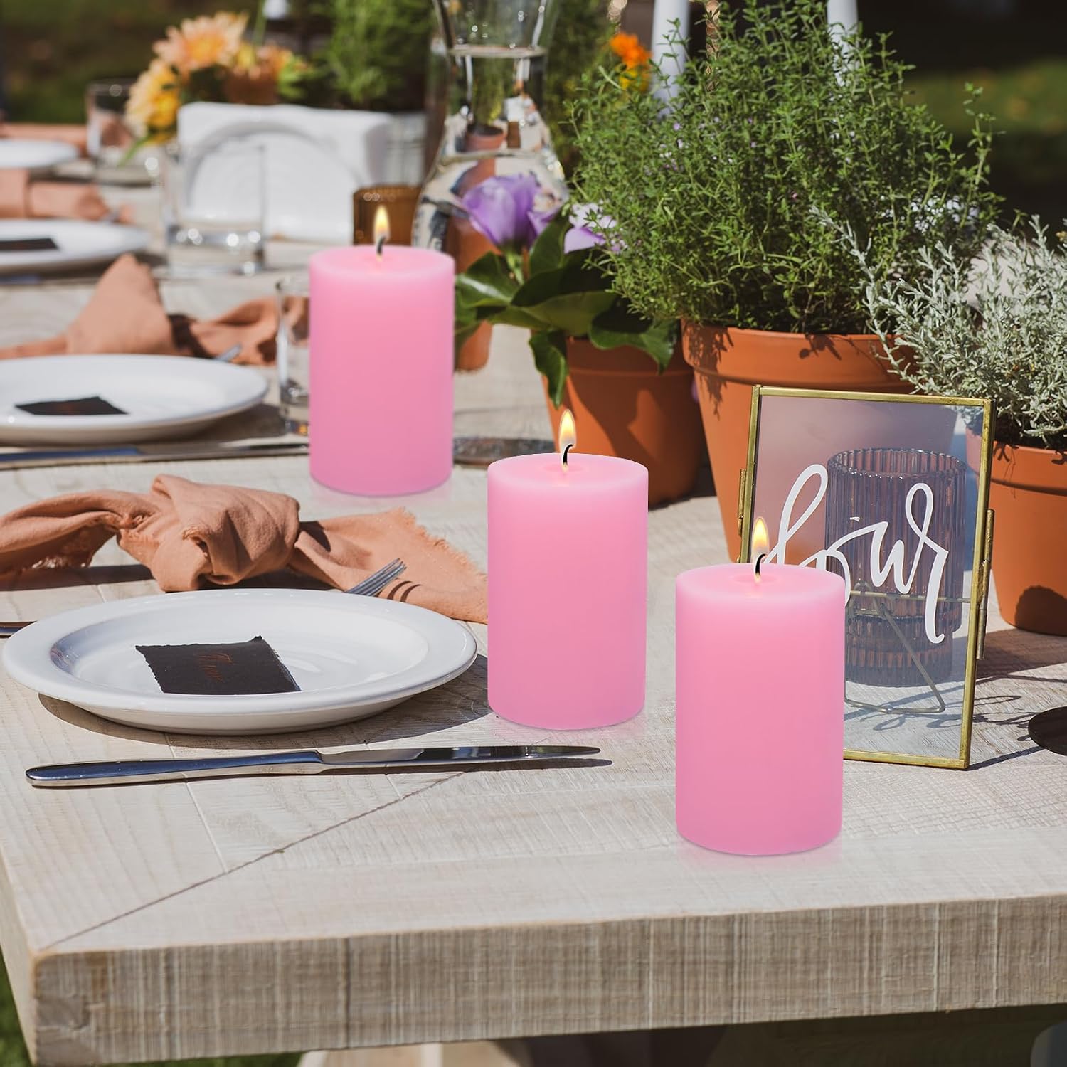 2.75“ x 4” Hand Poured Unscented Pink Candles, Dripless Pillar Candles Set of 6, Long Burning, Clean and Neat, Burn Time Approx. 90 Hours, Rustic, Weddings, Dinner Parties, Christmas, and Home Décor