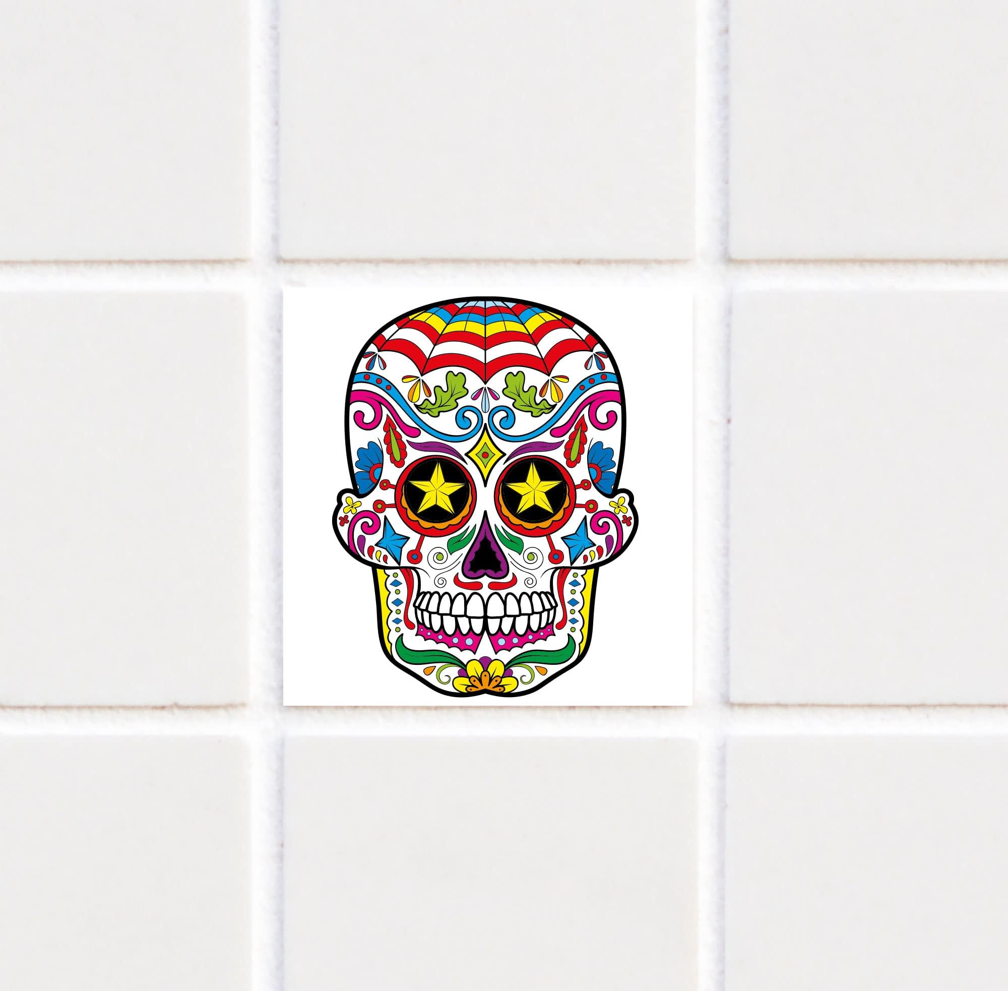 Tile Stickers for Bathroom and Kitchen - Kitchen Tiles - Tile Mirror 10 x 10 cm - Sugar Skull Many Types - Sugar Skull with Colourful Spider Web on the Head