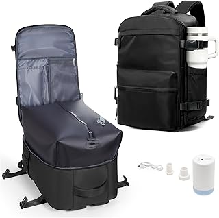 BOXSAM Large Vacuum Travel Backpack with Pump for Women Personal Item Carry on Backpacks 18x14x8 inches Flight Approved for Men,Laptop Waterproof Compression bags Casual Work Daypack Black
